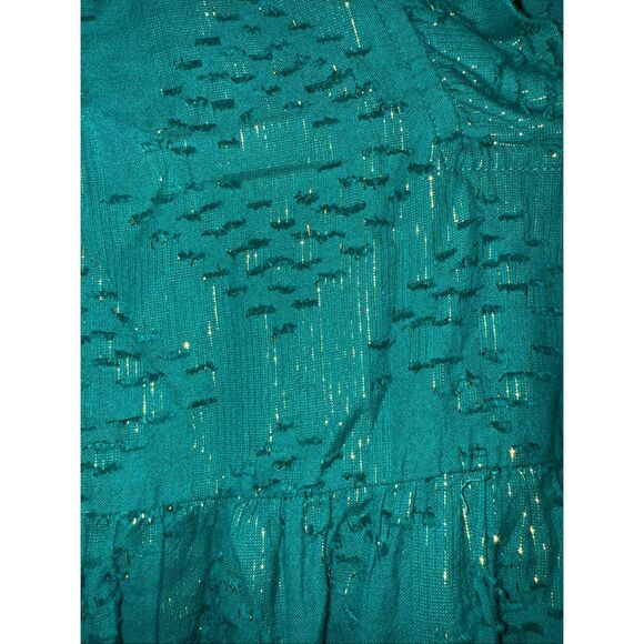 Crown & Ivy Size M Petite Ruffle Neck Tiered Midi Dress Emerald Green Gold Fall - Picture 12 of 13